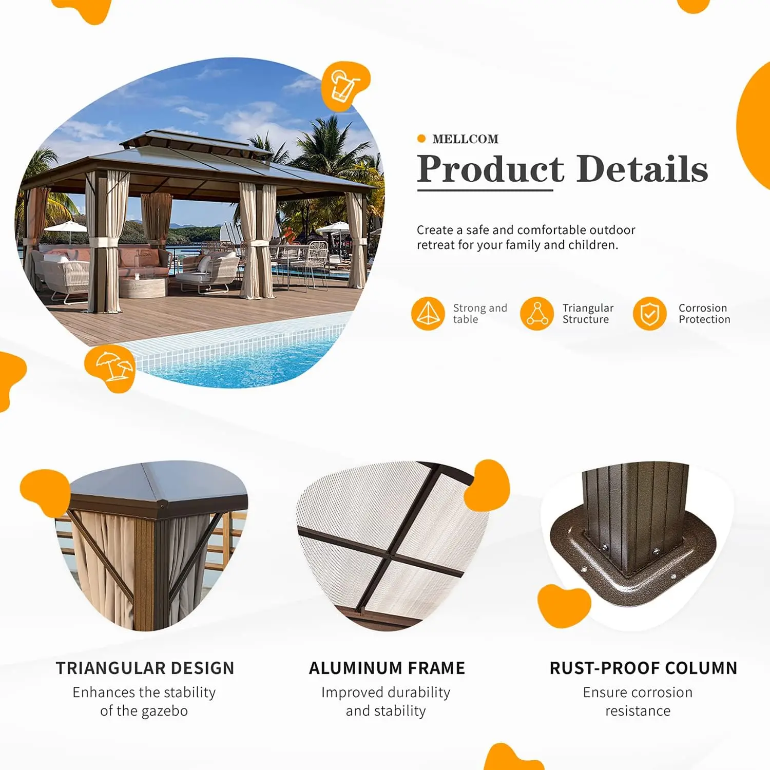 12'x20' Hardtop Gazebo with Polycarbonate Double Roof, Aluminum Frame Outdoor Gazebo Permanent Pavilion, Lawn & Garden 6