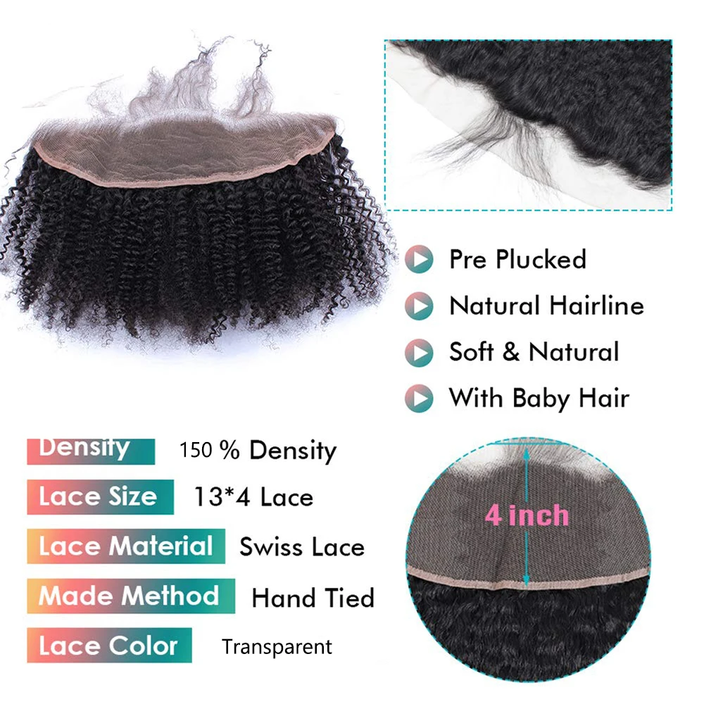Afro Kinky Curly 13&times;4 Lace Front Closure Human Hair Transparent Lace Handtied Pre Plucked Soft Brazilian Hair Natrual Color