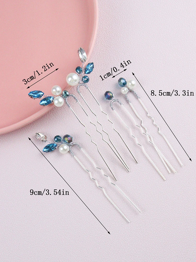 5PCS Light Blue Hair Pins for Women Rhinestone Head Jewelry Handmade Pearls Wedding Hair Accessories Party Bride Clips