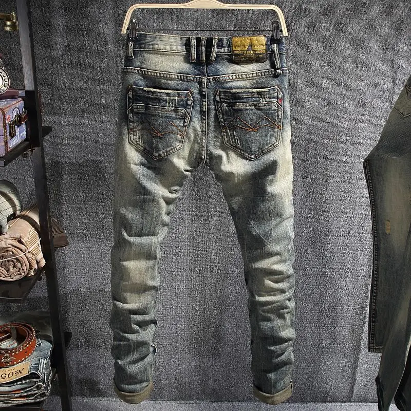 Style italien mode hommes jean rétro bleu élastique coupe ajustée déchiré jean hommes pantalon Vintage concepteur pantalon Denim décontracté