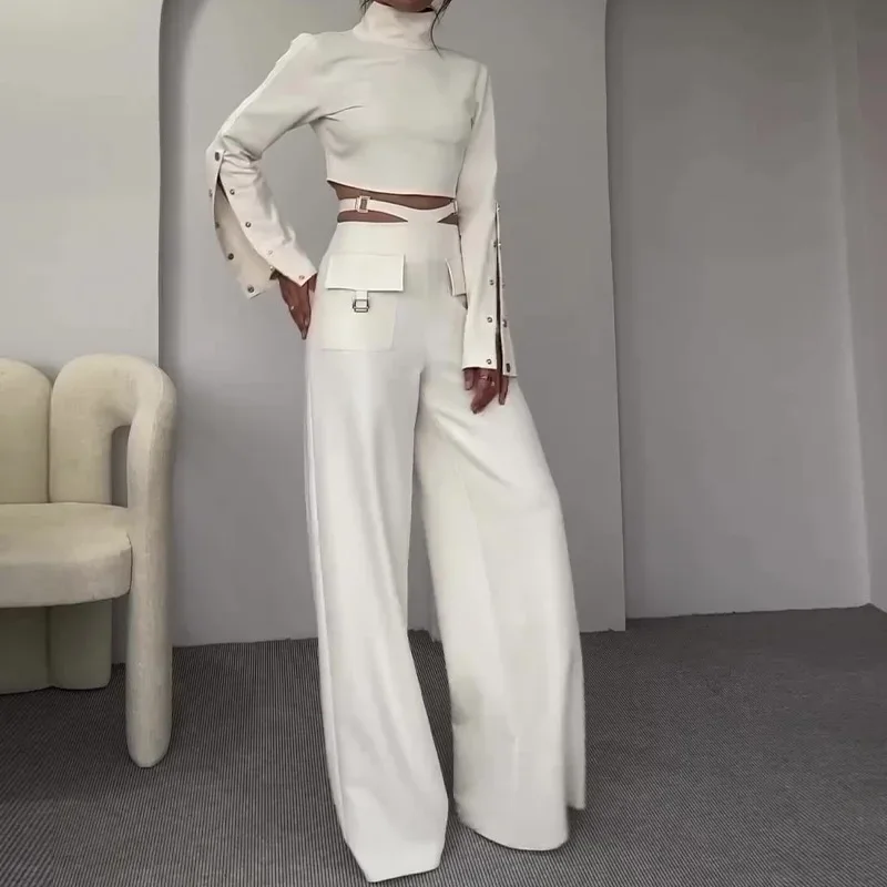 Elegant Women's Pants Set High Necked Short Top Sweet Spicy Style Loose Simple Wide Leg Pants Suits for Female 2024 Summer New