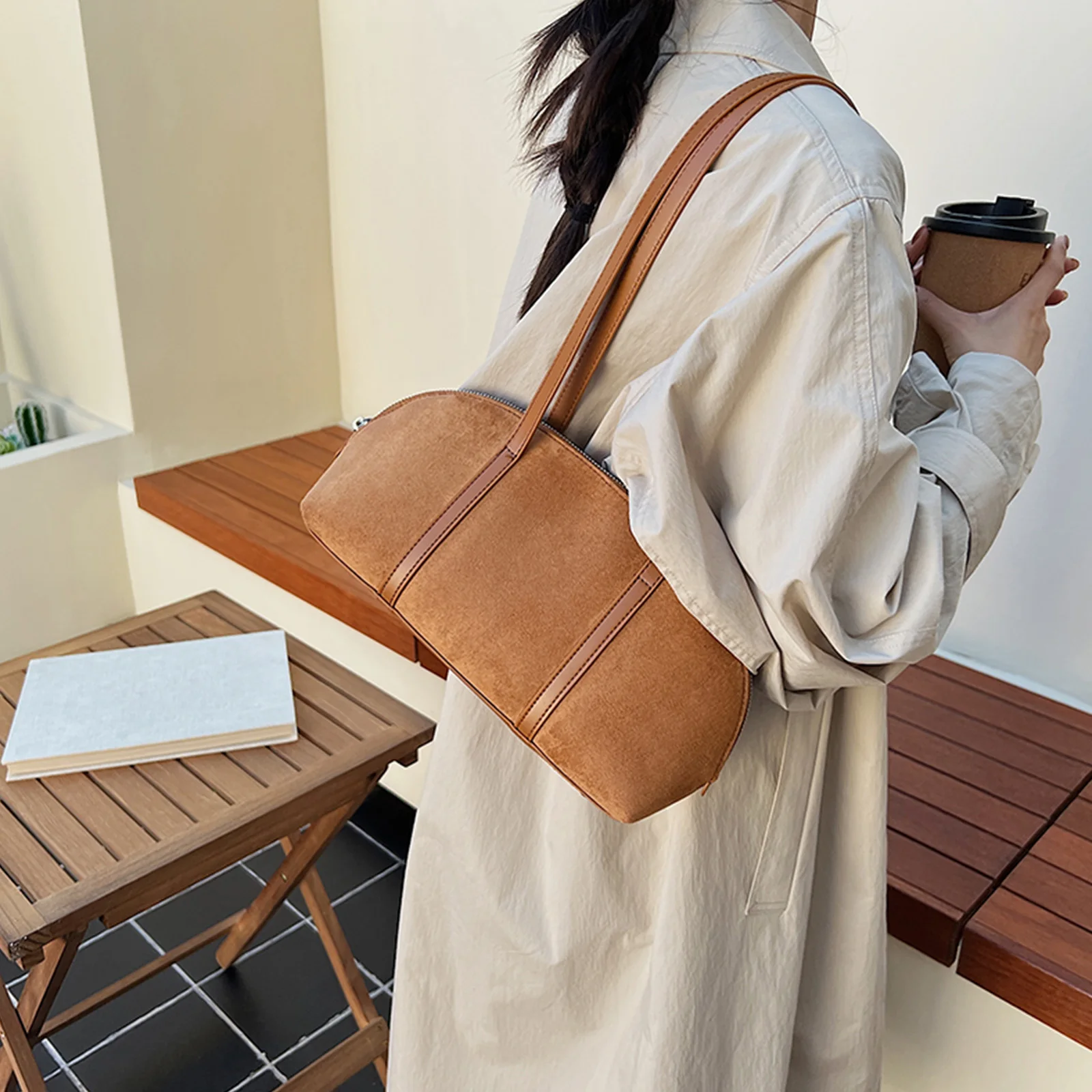 Faux Suede Casual Tote Handbag Large Capacity Retro Shoulder Bag Solid Color All-Match Underarm Bag Travel Shopping Date Bag