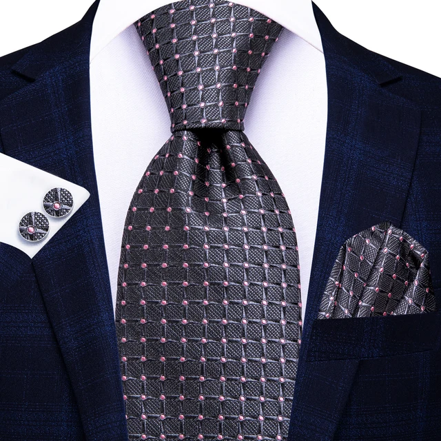 Hi-Tie Grey Pink Plaid Mens Fashion Necktie Handkerchief Cufflink for Tuxedo Accessory Classic Silk Luxury Tie for Man Gift