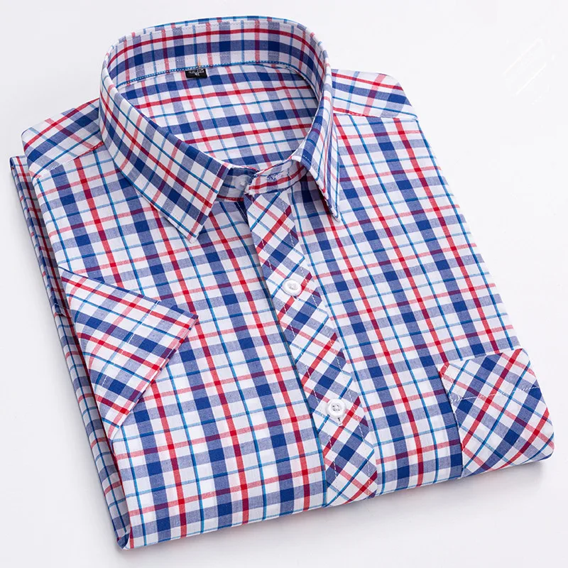 

Luxury Men's Social Shirts Summer Short Sleeves 100% Cotton Casual Soft Checkered Stripe Refreshing Thin Busines Formal Top 4XL