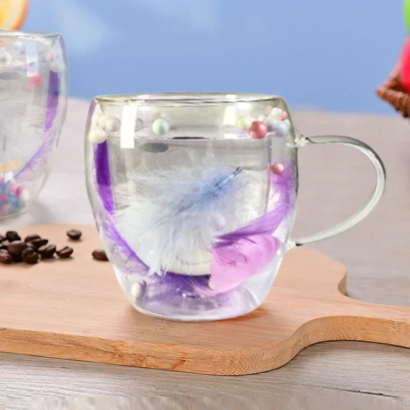 250/350ML Coffee Cup Feather Design Double-layer Glass Mug Heat-resistant Coffee Glass Home Office Yogurt Juice Cup Gift double wall glass cup glass water cup
