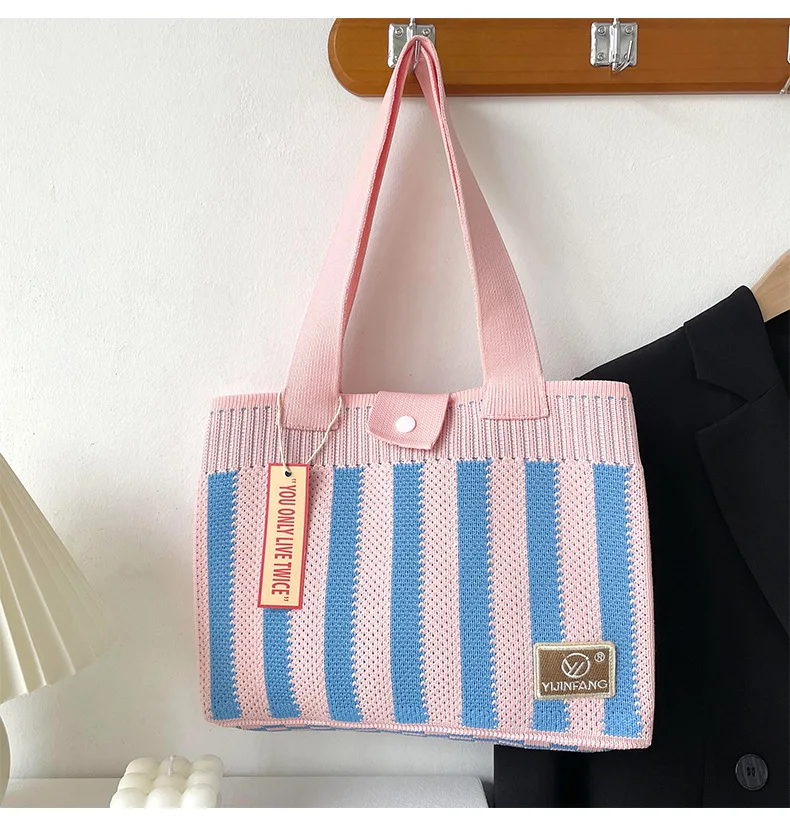 Vintage Knitted Stylish Striped Handbag Medium Size Top