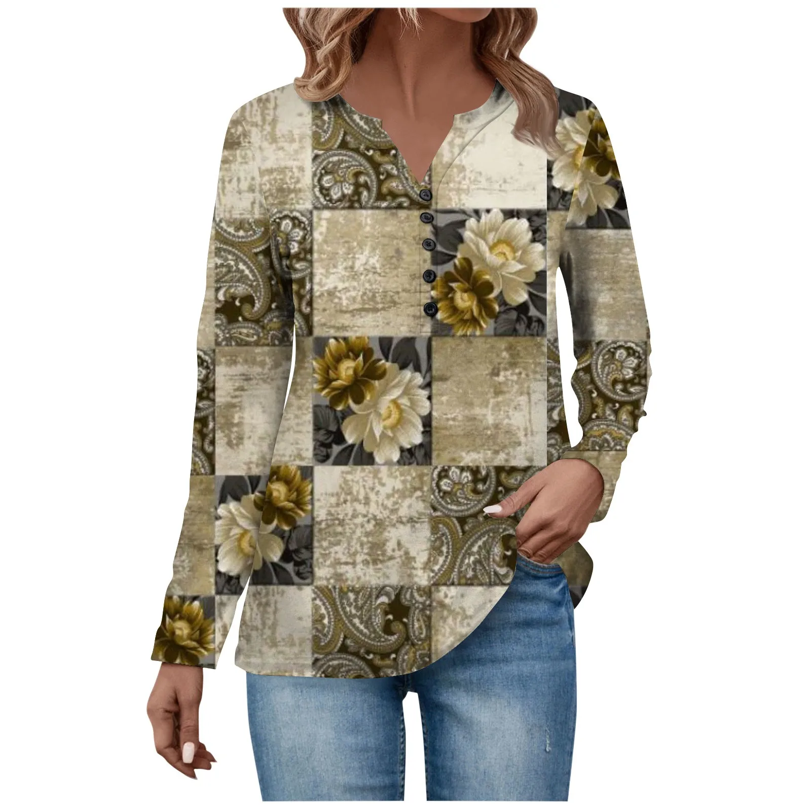 

Футболка женская с длинным рукавом и цветочным принтом, оверсайз