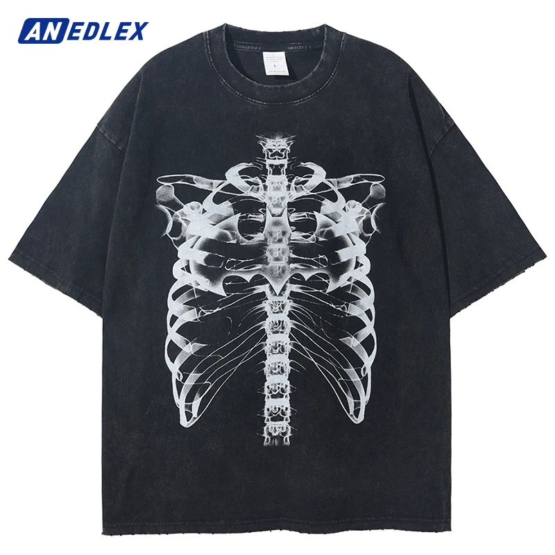

Harajuku Vintage T-Shirt Men Streetwear Skeleton Graphic Print T Shirt 2023 Summer Men Cotton Tshirt Oversized Tops Tees HipHop