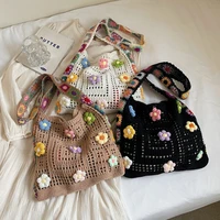 Women's Boho Crochet Bag Designer Flowers Knitted Handbags Large Capacity Summer Beach Woven Shoulder Bag Girls Tote Shopper Bag 5