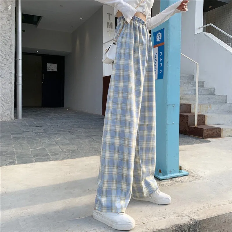 nike capri leggings New Vintage Plaid Women Pants High Waist Wide Leg Straight Pant Loose Casual Female Trousers Wide Leg Pant Fashion Streetwear flare pants