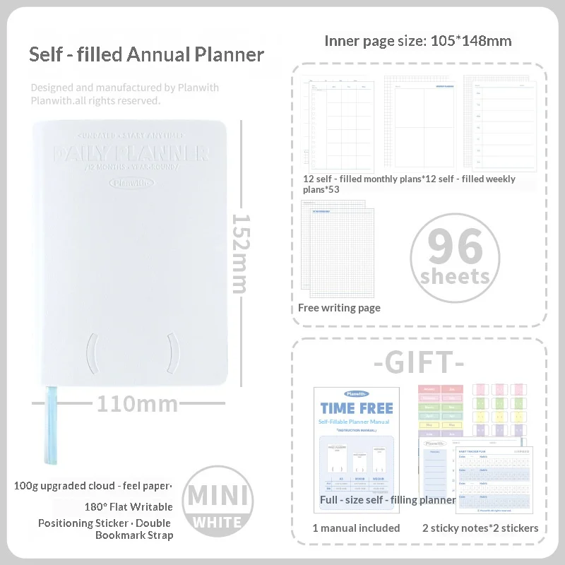 Planwith Undated Daily Planner - Premium A5 Notebook with 12 Monthly Plans, 53 Weekly Pages, Stickers, and Manual Organizer Journal
