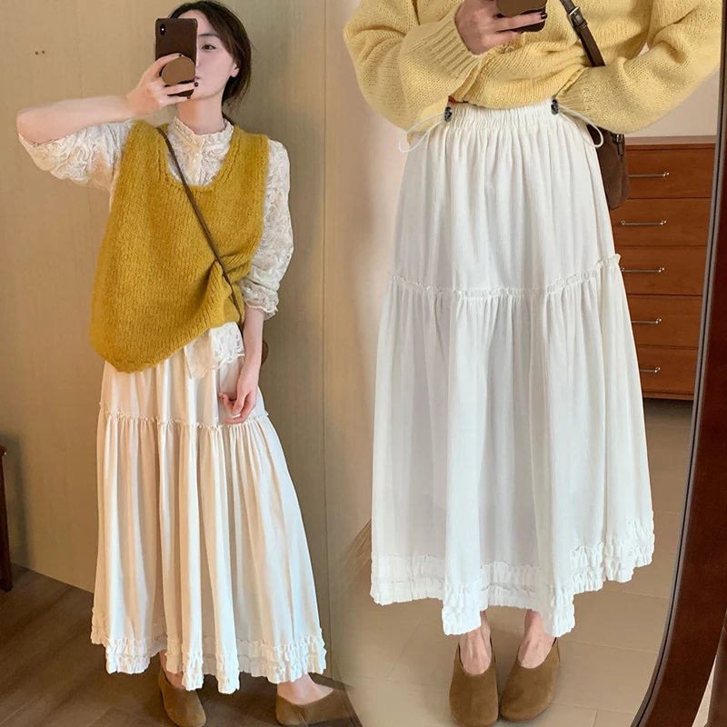 Korean Style Summer Pregnant Woman White Skirts Drawstring Waist Ruffles Hem Patchwork Elegant Lace Maternity Skirt for Women