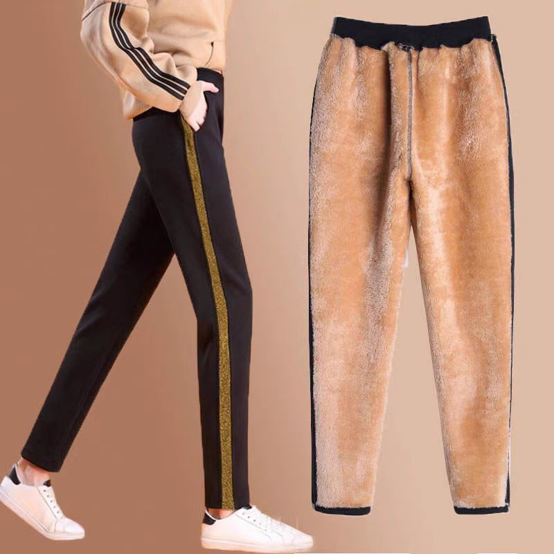 Winter Fleecing Lamb Wool Plush Pencil Pants Thermal OL Office Lady Drawstring Thick Black Gold Trimmed Long Pants Woman Clothes