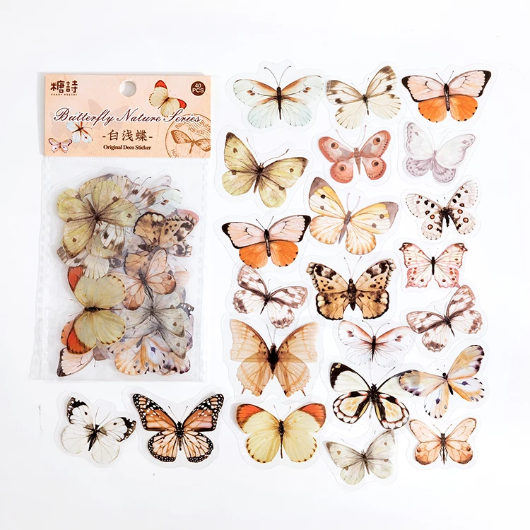40pcs Vintage Butterfly Plants PET Decorative Stickers Diary Scrapbooking Material Toy Plant Deco Album DIY Stationery Stickers 