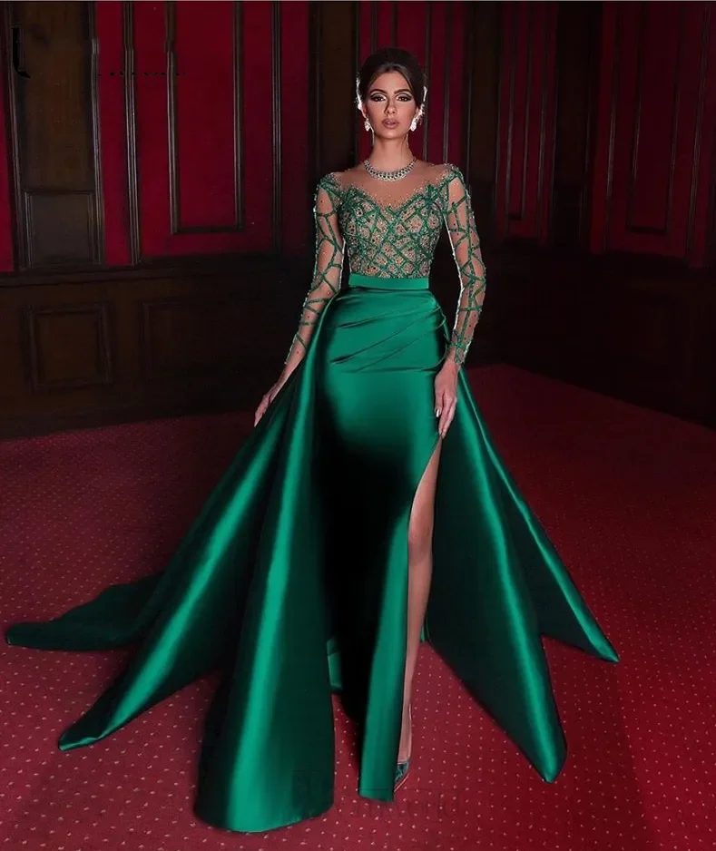 

Mermaid Round Neck Evening Dresses Green Formal Gowns Lace Long Sleeve Satin Sexy Slim Fit Beaded Side Split Party Prom Dresses
