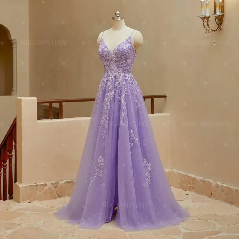 Tulle Lace Appliques Prom Dresses Long Ball Gown for Women Spaghetti Straps Corset Backless Evening Dress robe de soiree women prom dresses