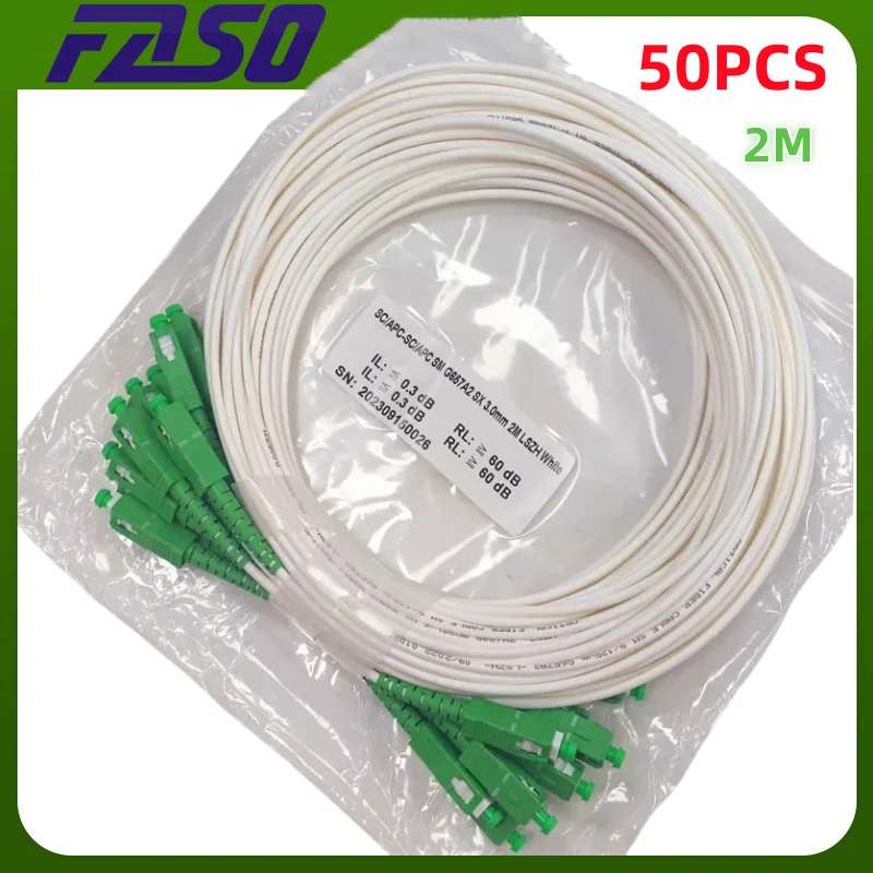 

50Pcs 2 meter SC/APC Fiber Optic Path Cord Singlemode G657A2 Simplex 3.0mm White LSZH Jacket Fiber Jumper Cable Optical Fiber