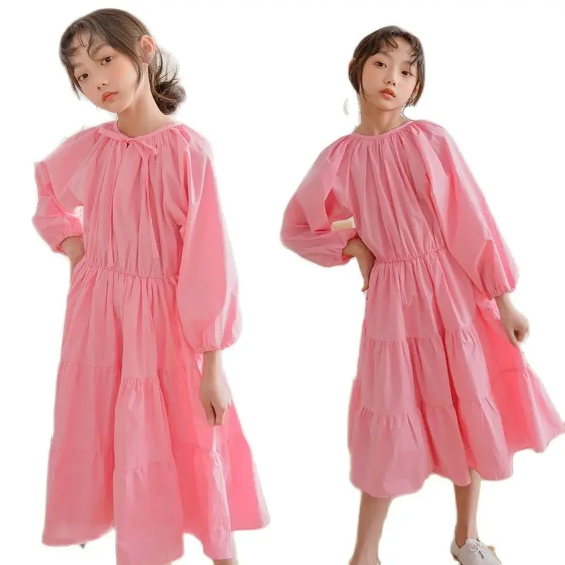 New 2022 Spring Teenage Girls Long Sleeve Maxi Dress Teen Children