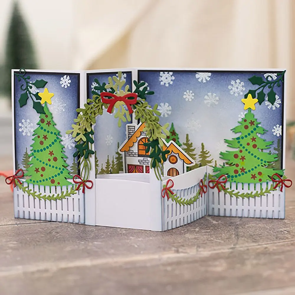 2025 Neue Weihnachtsbaum-Zaun-Blatt-Dekoration, Metall-Stanzformen für DIY-Sammelalbum, Stechpalme, immergrüne Schablone, Kartenherstellung