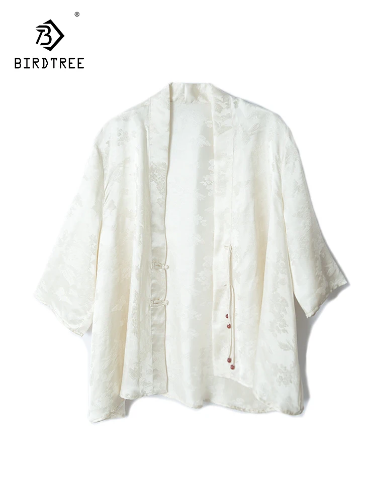 

BirdTree 100%Real Silk Chinese Style Outerwear, Women's Retro V-Neck Plate Buckle, Elegant Cardigan, 2024 Spring New C41688QC