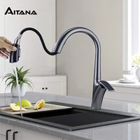 ก๊อกน้ำสำหรับห้องครัวทองเหลืองสีทองลายขนแปรงสุดหรูมีดีไซน์แบบดึงออกได้มือจับเดี่ยวแบบเย็นและร้อน2ฟังก์ชัน 2