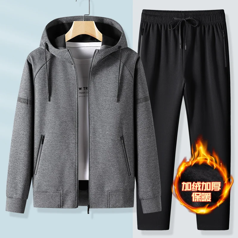 thumbnail image 1 of Sudadera con capucha informal cálida con capucha + pantalones chaqueta polar más gruesa + pantalones 2 piezas conjuntos de chándal de invierno para hombres conjuntos negros rojos y grises, 1 of 4