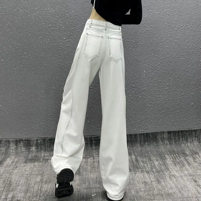 Women's Spring Summer Full Length Wide Leg Jeans Lady Chic High Waist Loose Straight Jeans Casual White Denim Pants