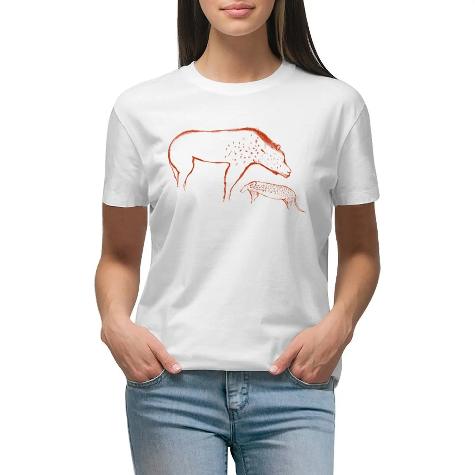 

Prehistoric cave painting of a bear and jaguar from Chauvet Cave T-shirt female plus size tops cropped t shirts for Women