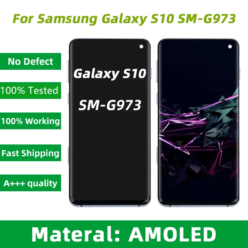

Замена дигитайзера сенсорного экрана в сборе, дисплей Super AMOLED с рамкой для SAMSUNG Galaxy S10, ЖК-дисплей G973, G973F