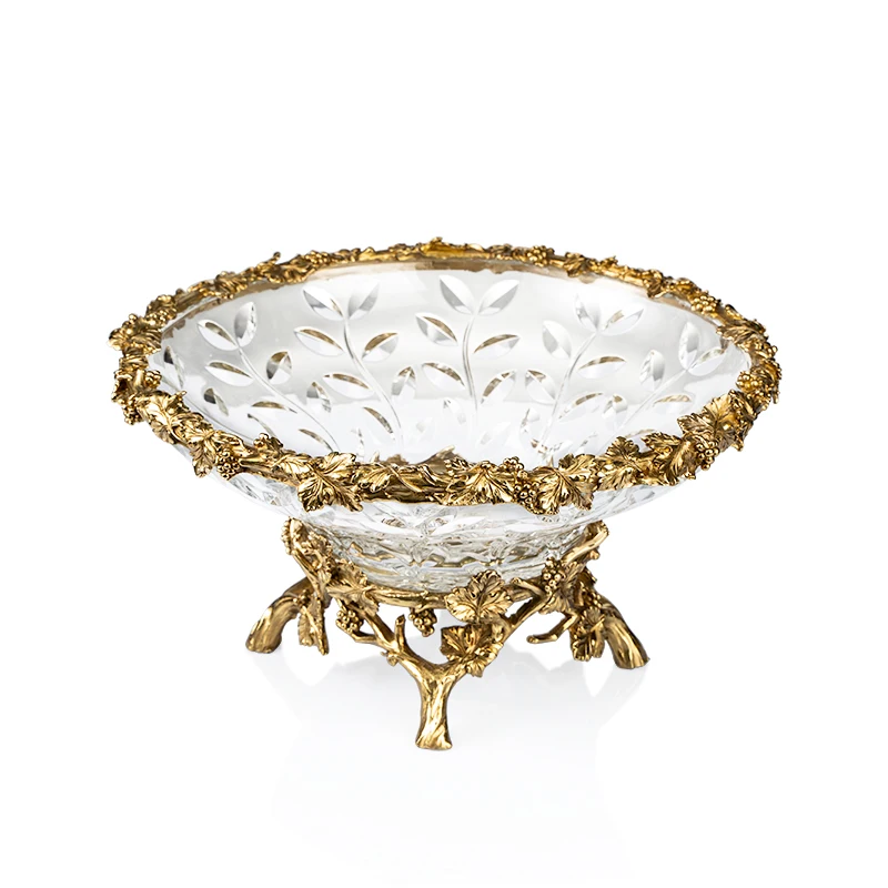 

Transparent crystal glass fruit plate decoration European style brass high-end luxury living room large fruit plate