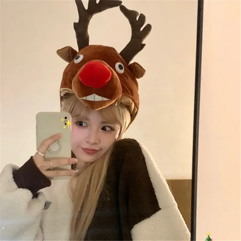 

Christmas Cute Sen Series Big Elk Head Cover Santa Claus Atmosphere Group Headwear Hat Photography Concave Shape Prop