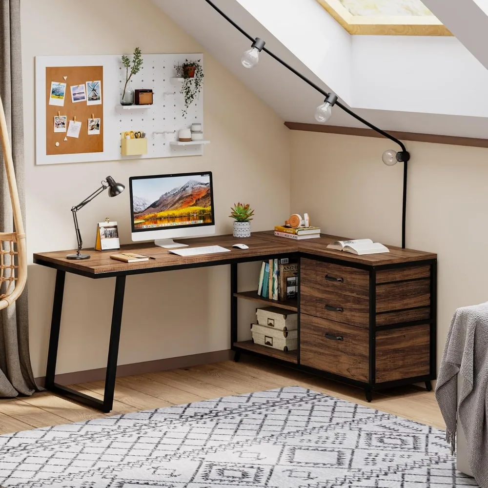 L-Shaped Computer Desk with 3 Drawers, Reversible Corner Home Office Desk with Shelves 6