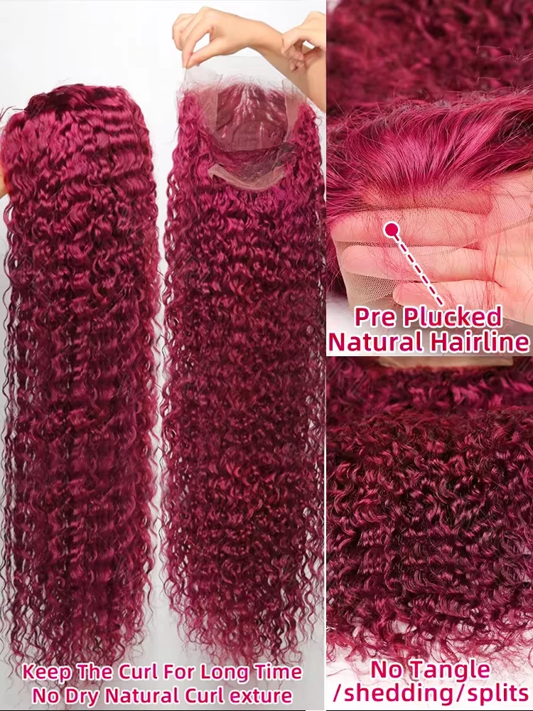 250 Density 13x4 Curly 99J Burgundy Lace Front Wig Red Wine Colored 30 40 Inch Deep Wave 13x6 HD Lace Frontal Human Hair Wigs