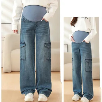 2025 Maternity Vintgae Washed Denim Jeans for Pregnant Women Clothes Elastic Waist Belly Loose Pants Pregnancy Clothing Clothe