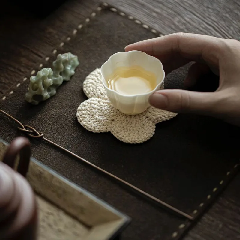 Handcrafted Retro Chinese Style Tea Cup Coaster Absorbent Cotton Thread Heat Resistant Tea Pot Mat Purple Clay Tea Brewing Mat