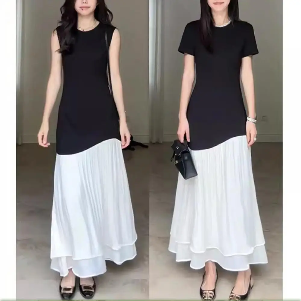 

Spliced Short Sleeve Contrasting Color Small A-Hem Waist Long Dress for Woman Loose O Neck Sleeveless Black White Midi Dress