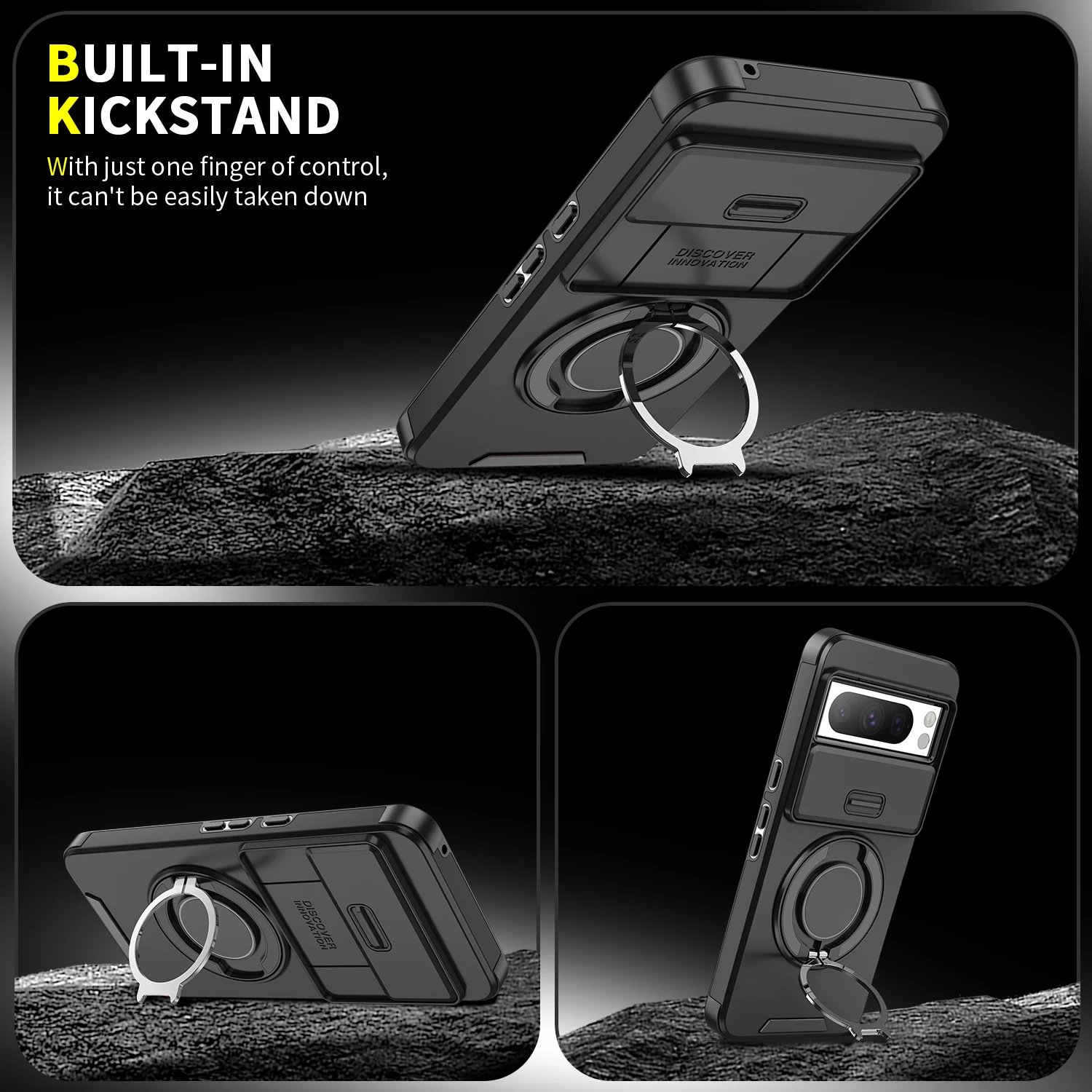 Shockproof Hybrid Dual Layer Magnetic Ring Stand Case with Slide Camera Lens Protection