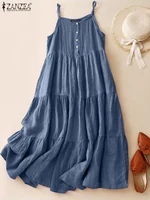 Summer Women Spaghetti Strap Holiday Midi Dress 2024 ZANZEA Stylish Solid Ruffles Sundress Elegant Casual A-line Party Vestidos