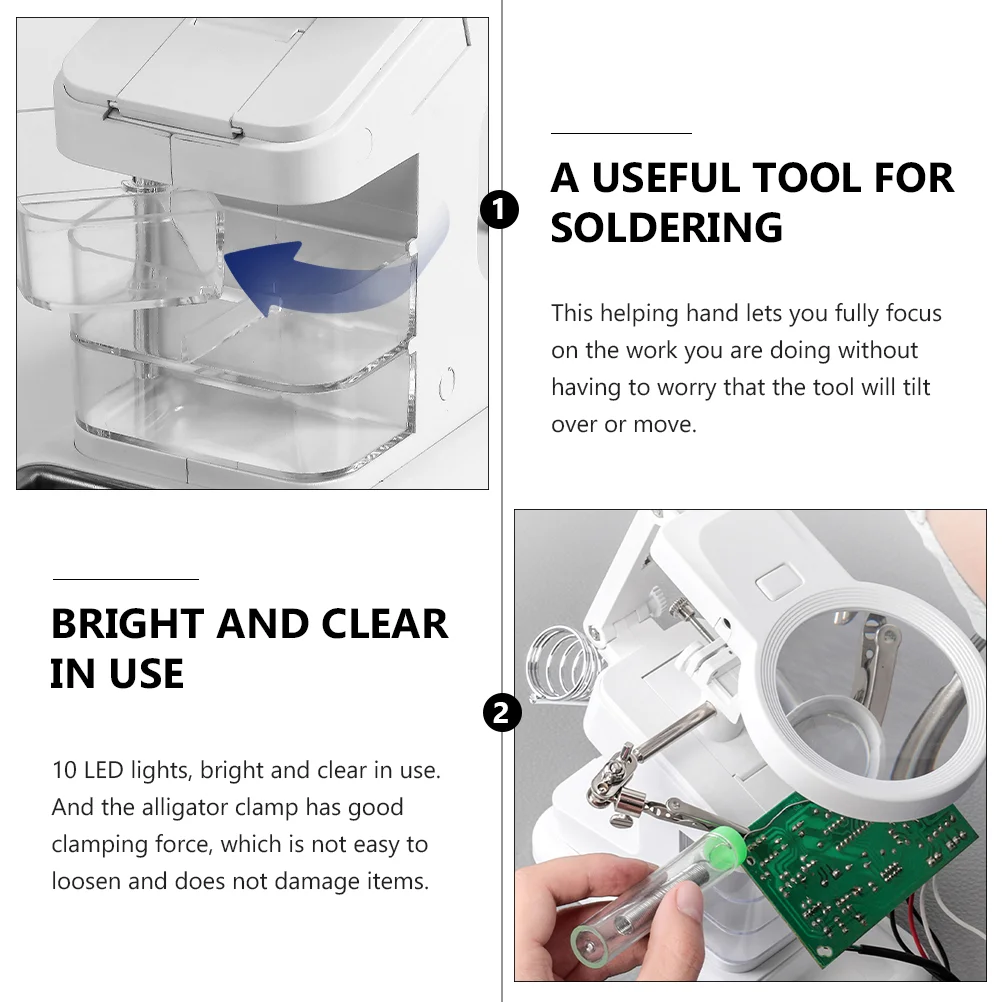 10Pcs Fully Adjustable Helping Hands Alligator Clips Iron Holder Metal Tray Tools Boxes Soldering Station Desk Magnifier Led