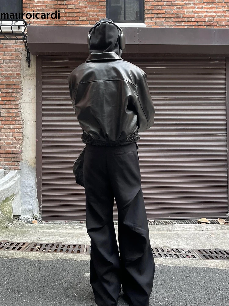 Mauroicardi Spring Autumn Cool Oversized Short Black Soft Pu Leather Jacket Men Zipper Luxury Designer American Vintage Clothes 4