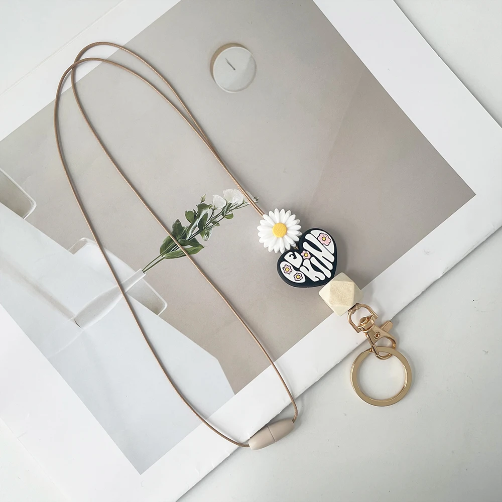 여성용 패션 실리콘 비즈 데이지 키체인 랜야드, 귀여운 재미있는 꽃 펜던트 키 액세서리, 열쇠 고리 선물