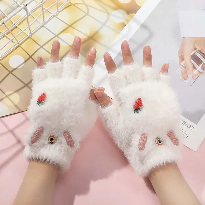 

Fashion Women Plush Warm Glove Fur Rabbit Cat Mittens Flip Fingerless Gloves Soft Girls Thick Gloves Flexible Half Finger Winter