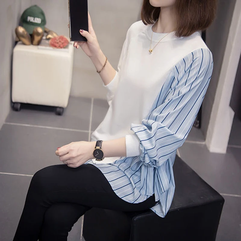 Autumn Winter Oversized Casual Fashion Fake Two Pieces Striped Patchwork Sweatshirt Ladies Loose All-match Pullover Top Women
