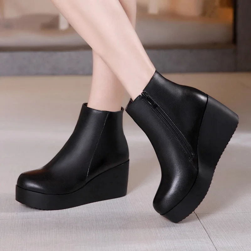 High quality short ankle leather boots for women 7cm mid heel platform new 2023 autumn winter elegant 33 42 43 lady shoe - black