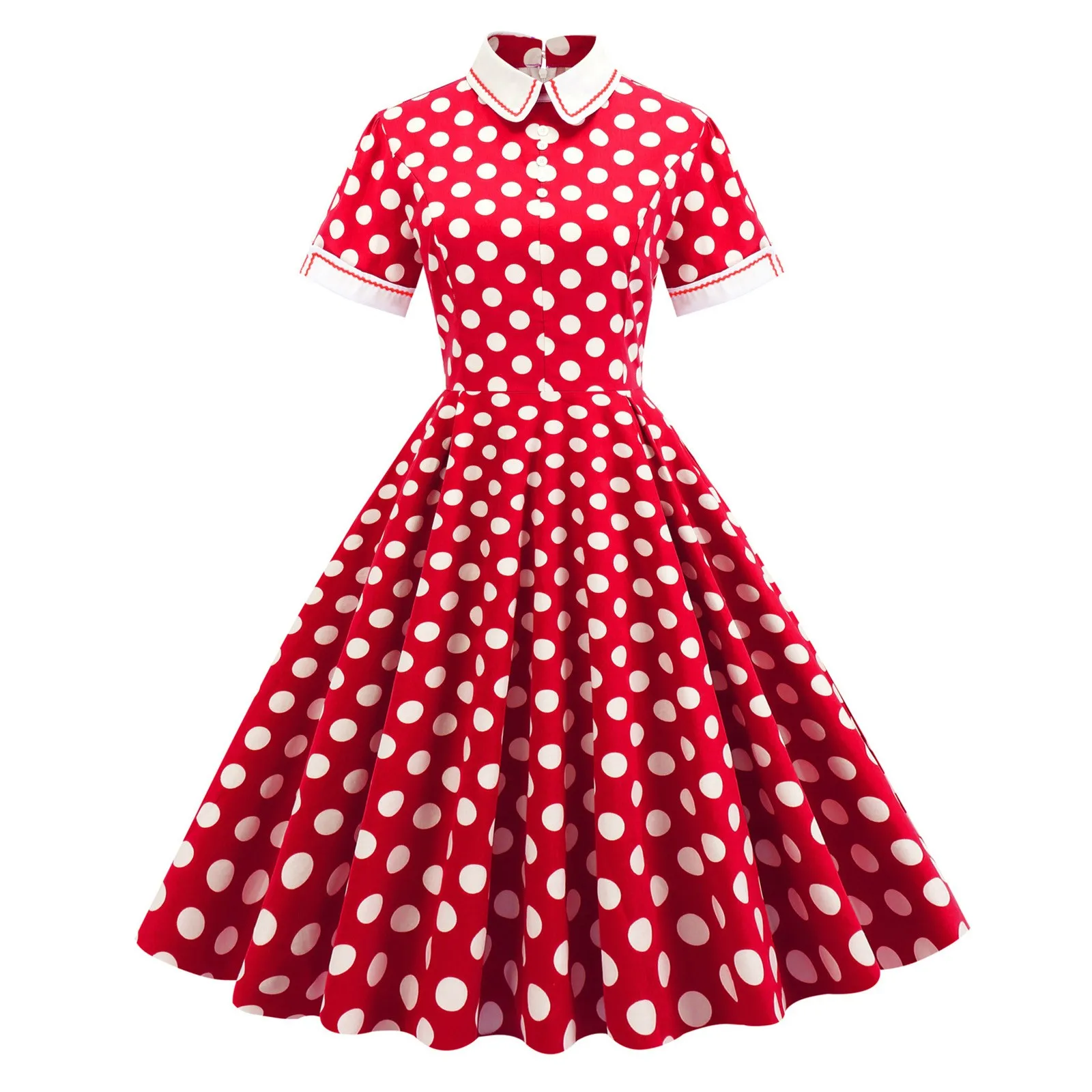 

Elegant Temperament Polka Dot Printed Women's Dress Short Sleeved Stand Up Collar Vintage Dress Waist Pleated Party Dresses