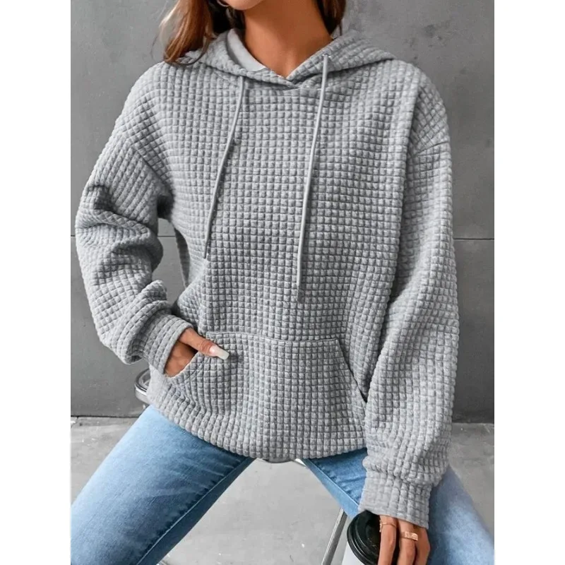 

Women's Solid Color Sweatshirt 2024 New Spring Hooded Sweatshirt Waffle Round Neck Long Sleeve Sweatshirt