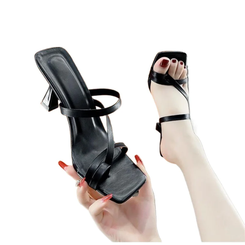 Summer New Women's Slippers Square Toe Grace Narrow Band Solid Casual Sandals Waterproof Block High Ladies Shoes