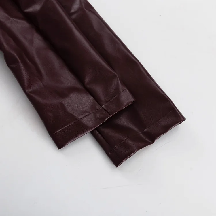 Vintage PU 2 Piece-Set Trousers Female Lace-Up Pocket Fashion Outwear Streetwear Autumn Patchwork Women's Pants Sets