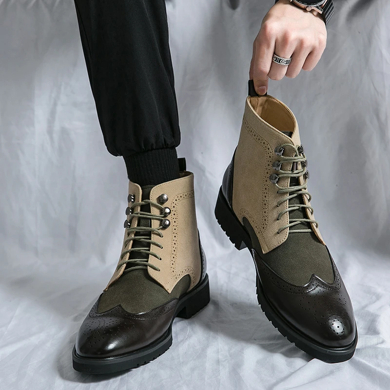 

Classic Calfskin Leather Mens Ankle Boots Wing Tip Toe Lace Up Male Dress Formal Shoes Derby Basic Boots Handmade Comfortable