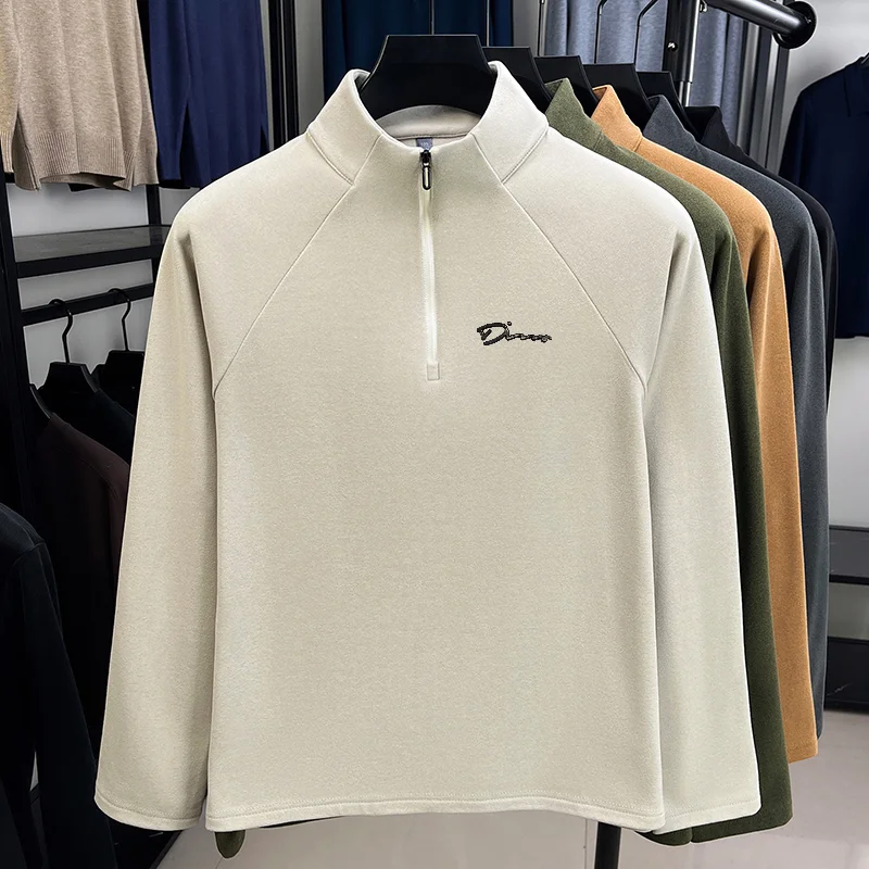 Hochwertiges Neues Herren-Langarmshirt mit Halbreißverschluss, Stehkragen und Schriftzug, Frühlings-Bestseller, Langarm-Trend, Freizeitkleidung für Männer – Detail 12
